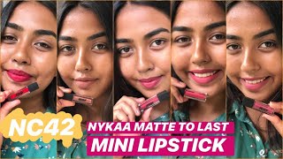 NEW NYKAA MATTE TO LAST MINI LIQUID LIPSTICKS SWATCHES ON DUSKY SKIN  SWATCH AND BRIEF REVIEW [upl. by Bidle610]