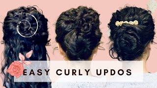 3 Easy Curly Updos  5Minute Work amp Special Occasion Curly Hairstyles [upl. by Euqinamod]