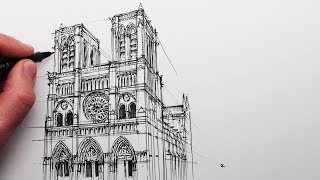 How to Draw Notre Dame Cathedral Buildings in Perspective [upl. by Megargee118]