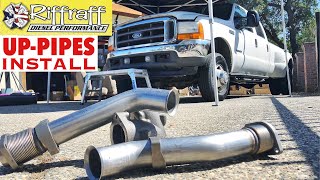 2001 F350 73  RiffRaff UpPipes Install  Stock up pipes leaking and falling apart JUNK SP [upl. by Initof]