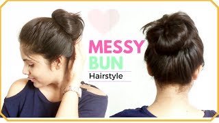 1 Minute EASY Everyday Messy Bun Hairstyle  Simple Bun Hair Tutorial for Medium hair [upl. by Rafe]