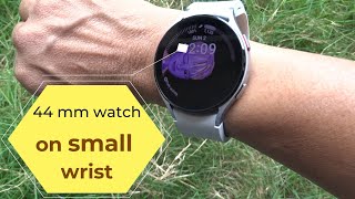 How does the 44mm Samsung Galaxy watch 4 look on a small wrist [upl. by Nauqyaj]