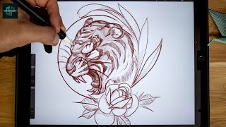 How to draw a Tattoo Design from Beginning to End  Neo Traditional Tiger Sketch [upl. by Andras]