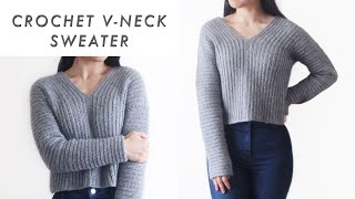 Crochet Vneck Sweater  how to crochet a sweater tutorial  for the frills [upl. by Lorie]