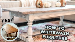 How to Whitewash amp Distress Furniture DIY Farmhouse Coffee Table easy amp budgetfriendly [upl. by Anahgem]